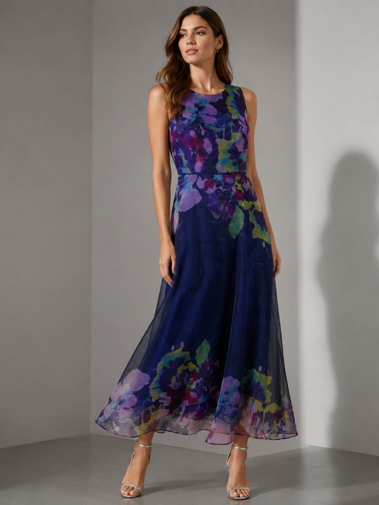 Tahari Dresses & Skirts - Tahari Navy Floral-Print Maxi Dress with Purple, Green and Pink Accents
